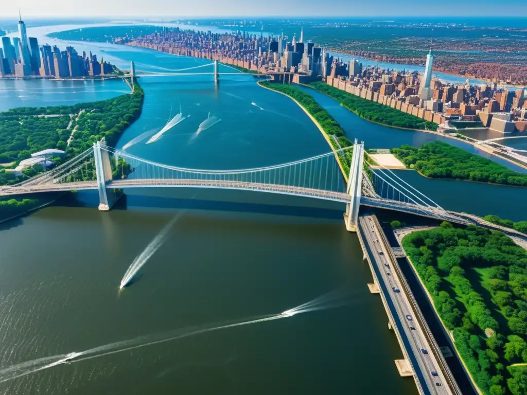 Vista aérea del imponente puente Verrazzano Narrows, destacando su arquitectura e historia urbana en Nueva York y Staten Island