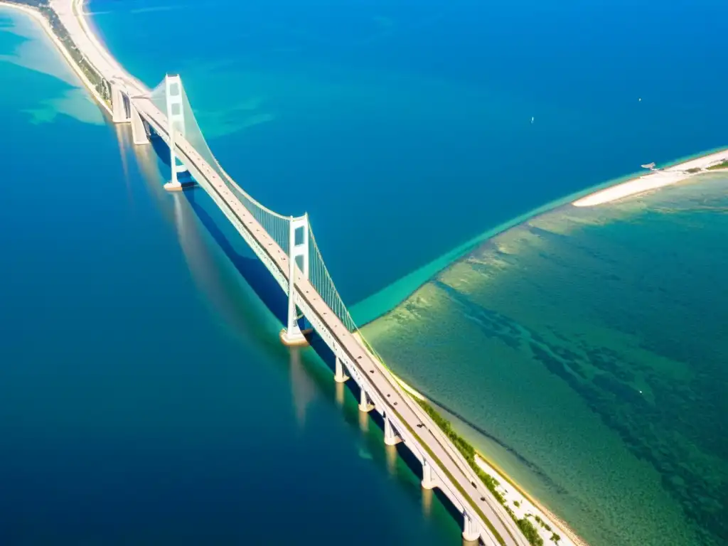 Vista aérea del imponente Puente de Mackinac sobre aguas azules, con detalles arquitectónicos y belleza natural a su alrededor