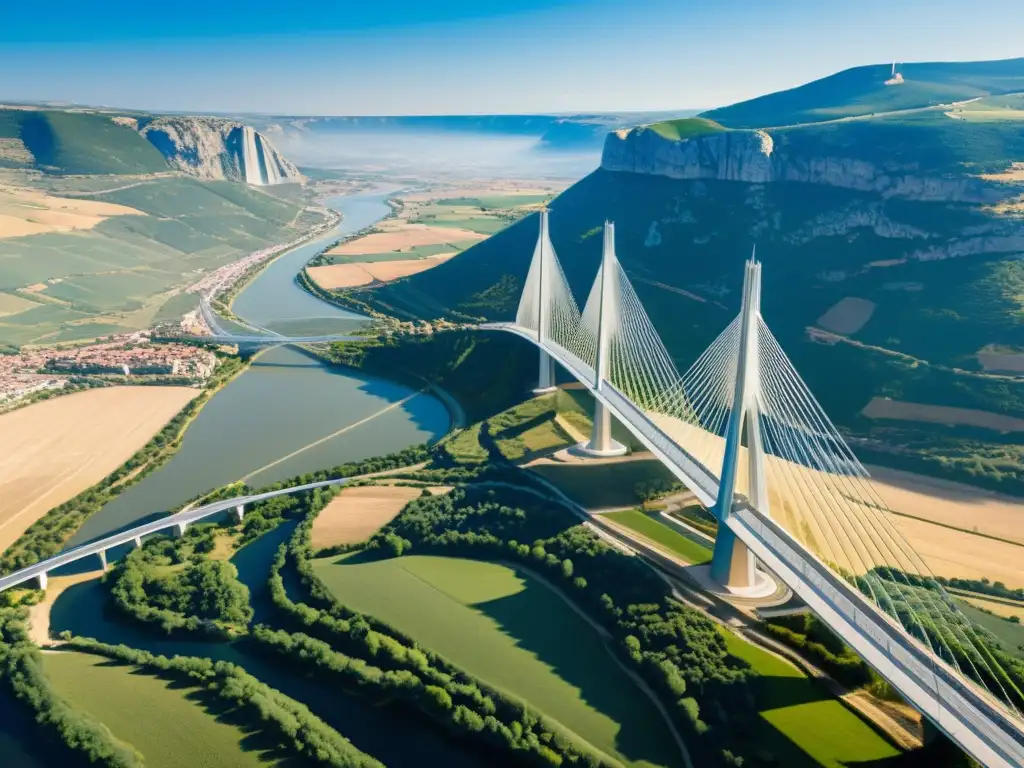 Vista aérea del imponente Viaducto de Millau en Francia, destacando su estructura de cable y el paisaje circundante