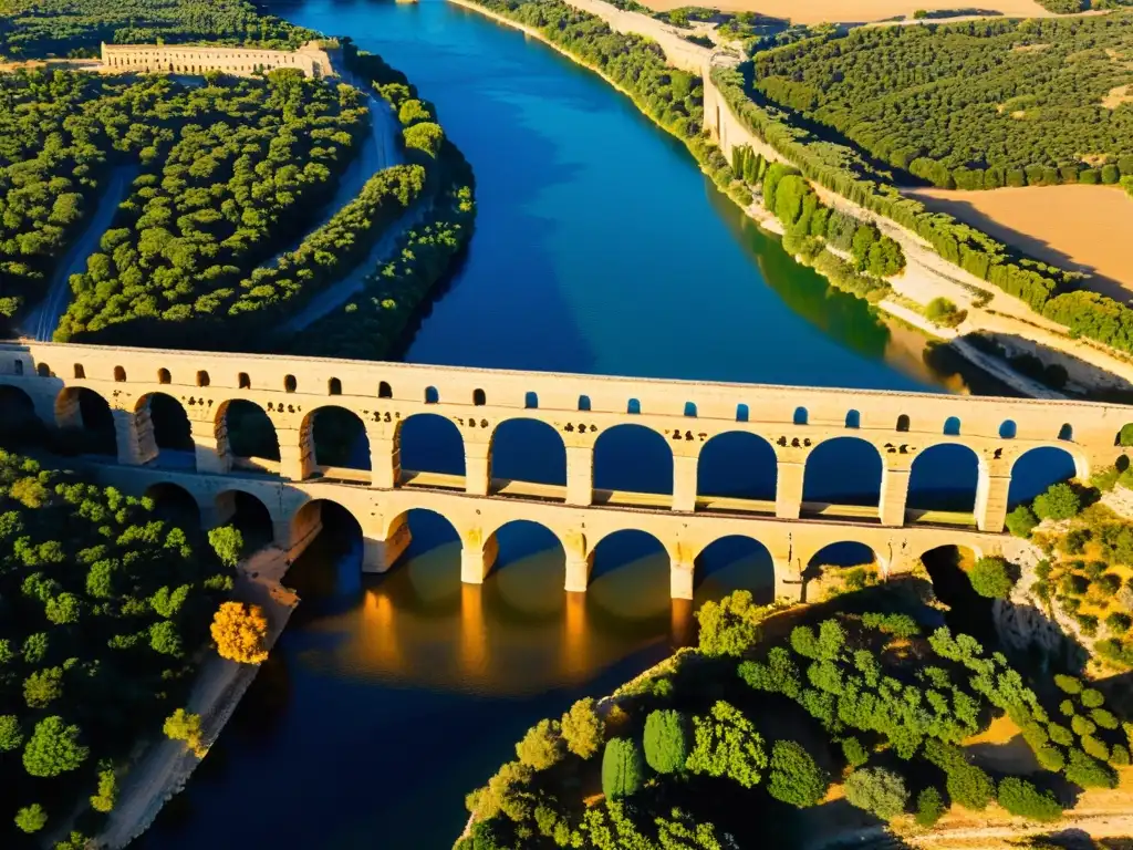 Vista aérea del impresionante acueducto romano Pont du Gard en Francia, bañado por la suave luz del atardecer