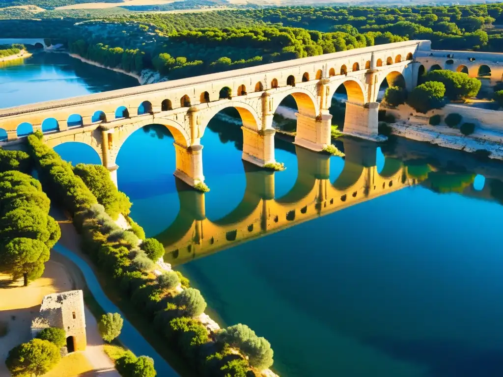 Vista aérea impresionante del antiguo acueducto romano Pont du Gard, con sus imponentes arcos de piedra que se extienden sobre el río Gardon