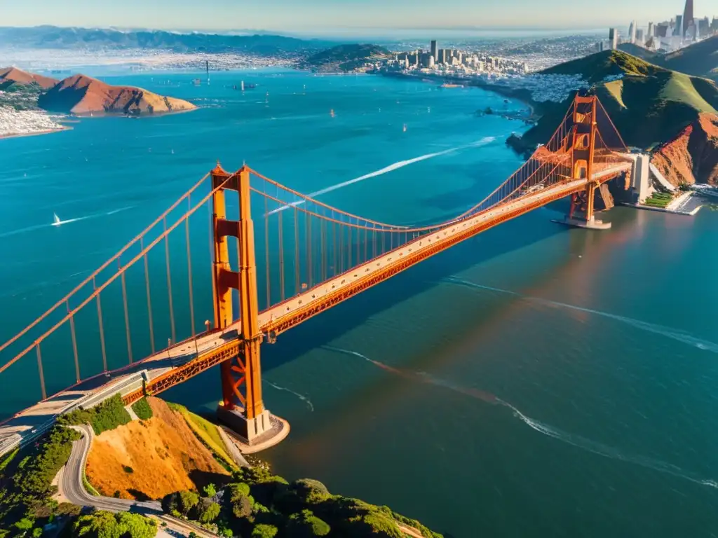 Vista aérea impresionante del puente Golden Gate y su arquitectura de puentes impresionantes, con la bahía de San Francisco de fondo