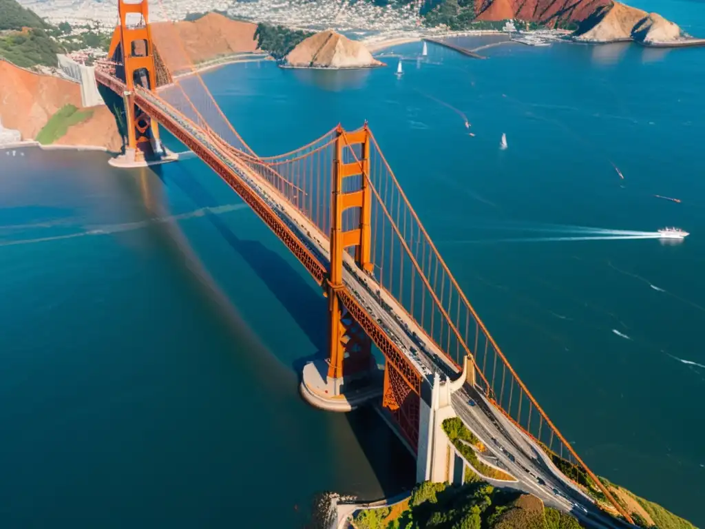 Una vista aérea impresionante en 8k de la icónica Arquitectura de puentes icónicos del mundo, el Puente Golden Gate en San Francisco