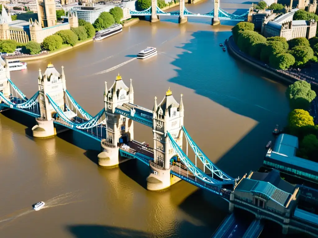 Vista aérea impresionante del Tower Bridge en Londres, con su arquitectura detallada y el río Támesis