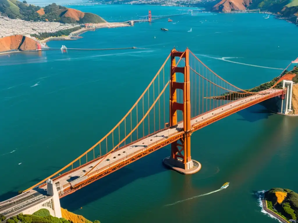 Vista aérea impresionante del Puente Golden Gate resaltando su arquitectura de puentes icónicos y la belleza natural de la bahía de San Francisco