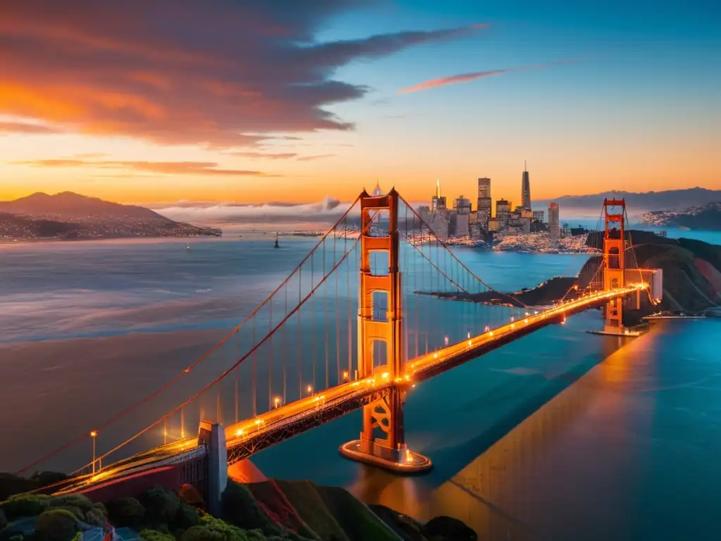 Vista aérea impresionante del Puente Golden Gate al atardecer, con torres rojo anaranjadas emergiendo de la bruma sobre las aguas