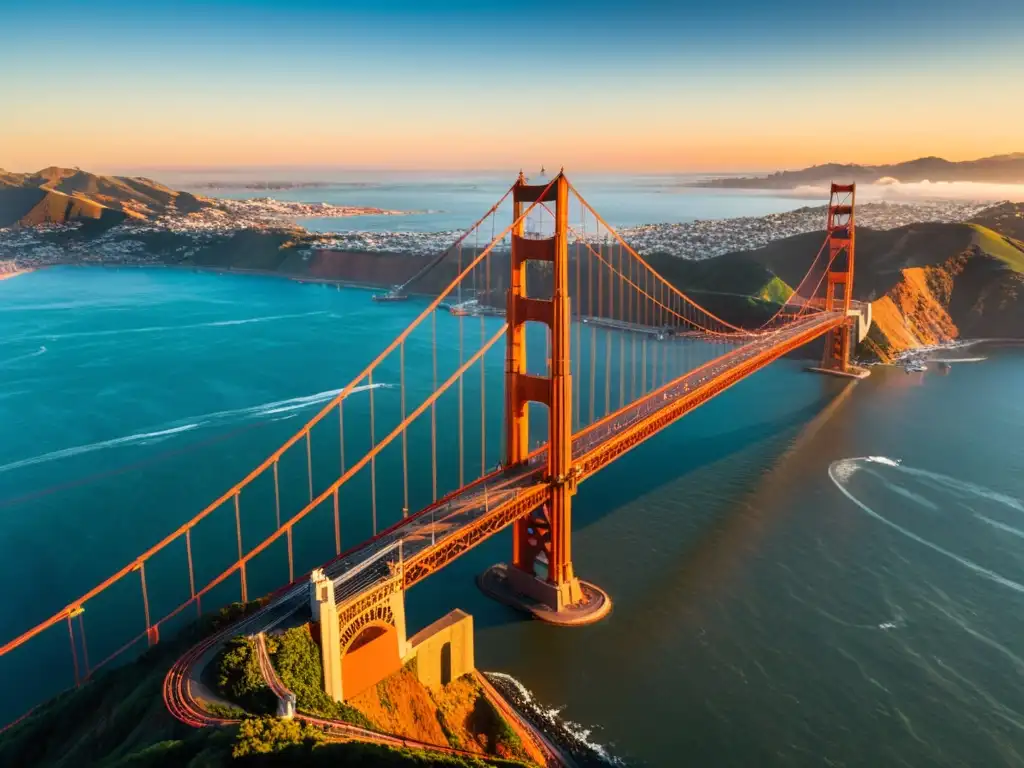 Una vista aérea impresionante del Puente Golden Gate al atardecer, resaltando su majestuosa estructura rojo naranja