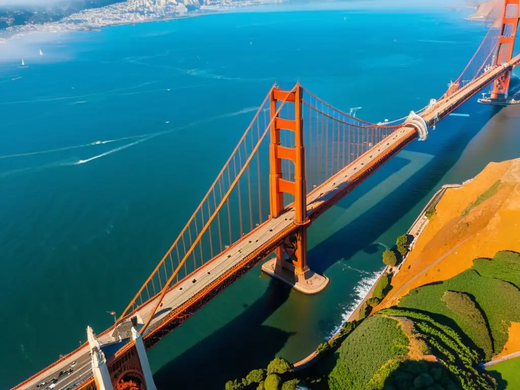 Vista aérea impresionante del Puente Golden Gate al atardecer en San Francisco, destacando su arquitectura e historia emblemática