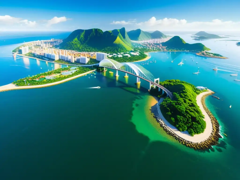 Vista aérea impresionante de una ciudad costera con puentes artísticos y paisaje vibrante