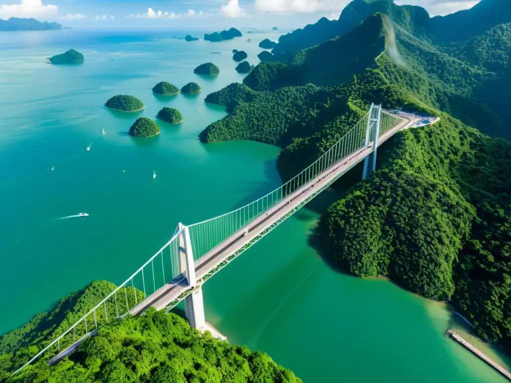 Vista aérea del impresionante puente Langkawi Sky en 3D, con detalles arquitectónicos y naturaleza exuberante en contraste