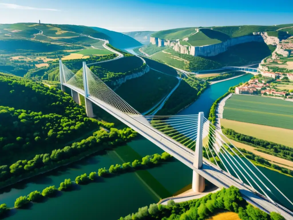 Vista aérea del impresionante diseño estructural Puente Millau 3D sobre el valle verdoso