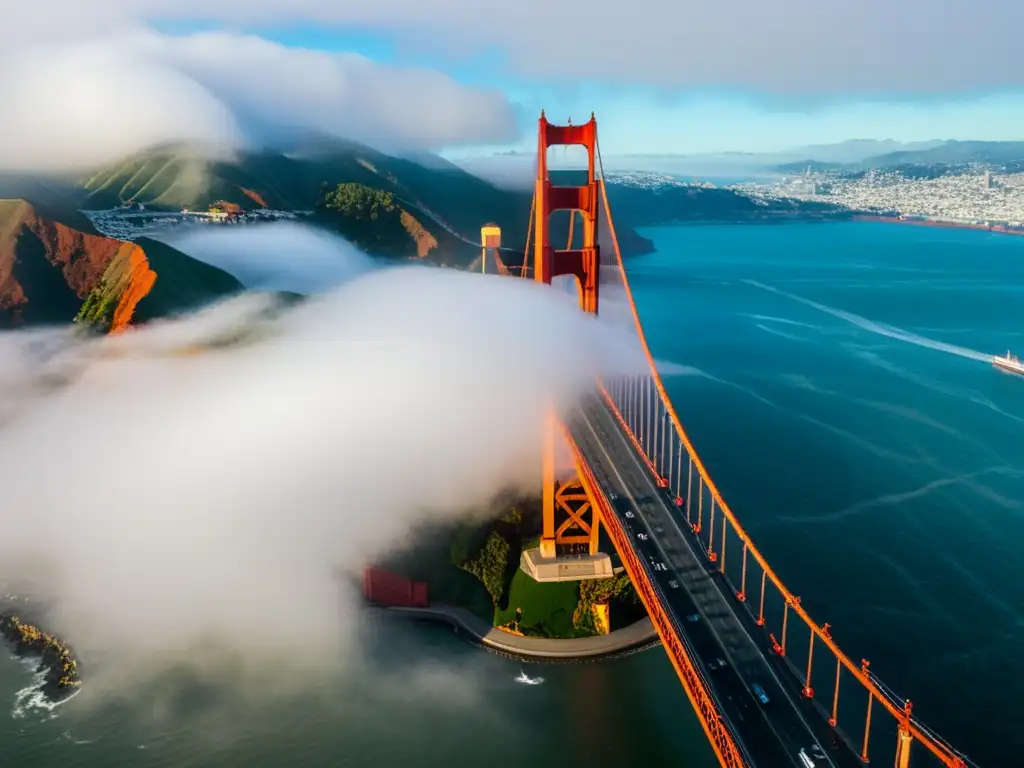 Vista aérea impresionante del Puente Golden Gate envuelto en niebla, San Francisco