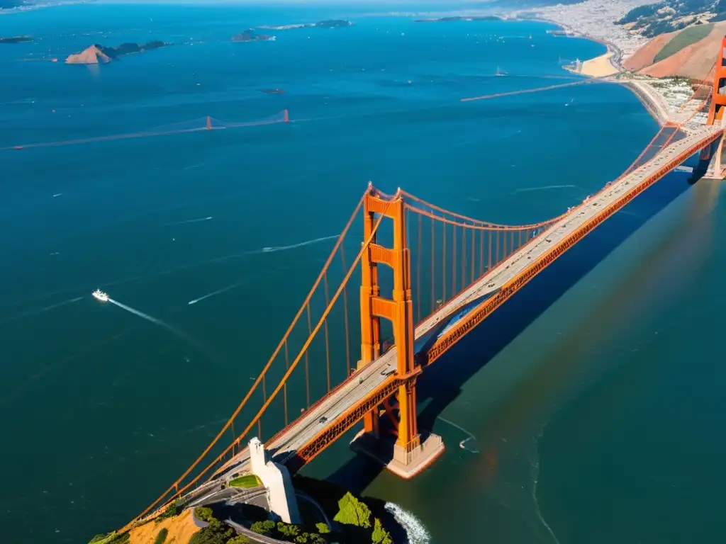 Vista aérea impresionante del Puente Golden Gate en San Francisco, resaltando su estructura icónica y la belleza de la bahía