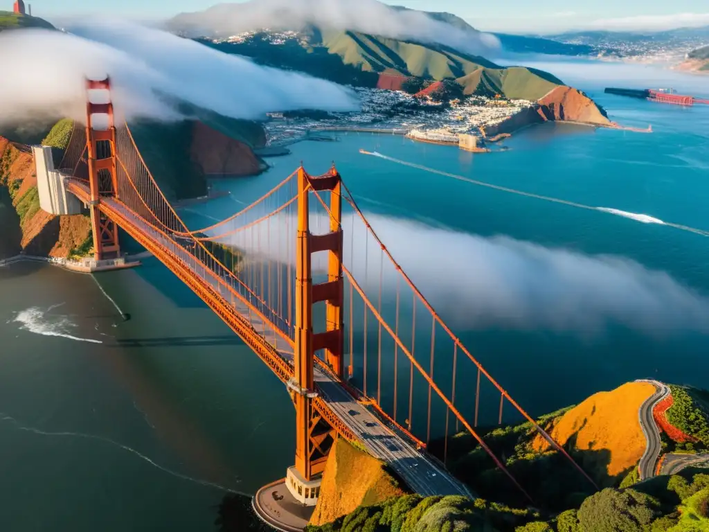 Vista aérea impresionante del Puente Golden Gate en San Francisco, con sus icónicas torres rojo anaranjadas emergiendo sobre la bahía cubierta de niebla