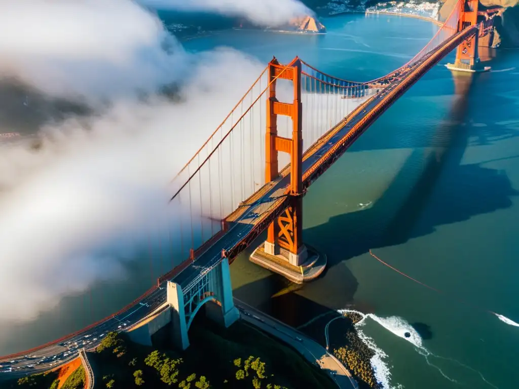 Vista aérea impresionante del Puente Golden Gate en San Francisco, con sus icónicas torres rojo-naranja y el juego de luz y sombra resaltando su arquitectura impresionante