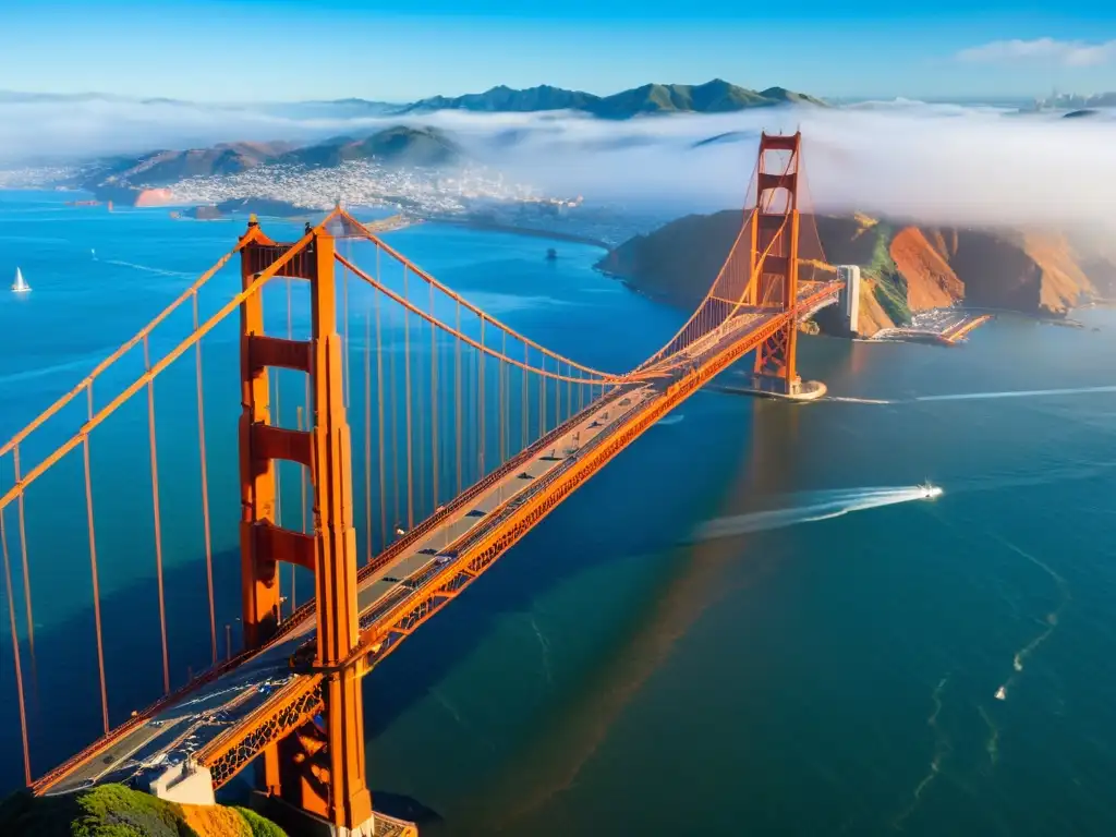 Vista aérea impresionante del Puente Golden Gate en San Francisco, con su icónico color naranja internacional y la neblina del Pacífico