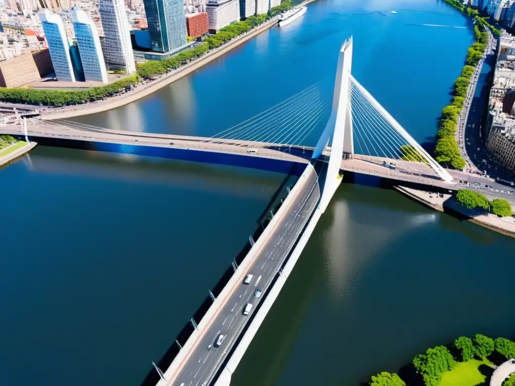 Vista aérea impresionante del icónico Puente de la Mujer en Buenos Aires, Argentina, símbolo de innovación y progreso en América Latina