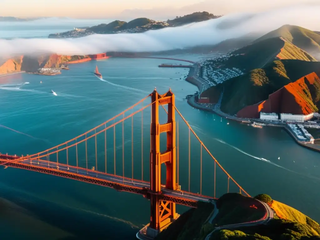 Vista aérea impresionante del icónico Puente Golden Gate en San Francisco, resaltando la creatividad en diseño de puentes