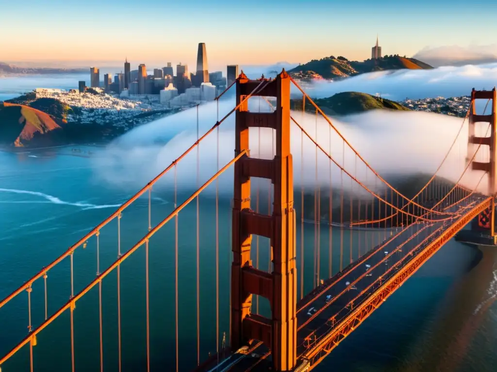 Vista aérea impresionante del icónico Puente Golden Gate en San Francisco, emergiendo de la bruma con la ciudad de fondo