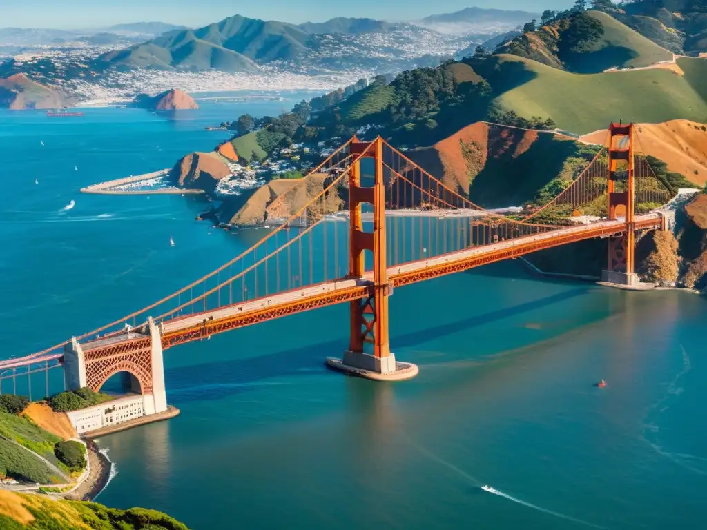 Vista aérea impresionante del icónico Puente Golden Gate en San Francisco, destacando su majestuosidad e historia