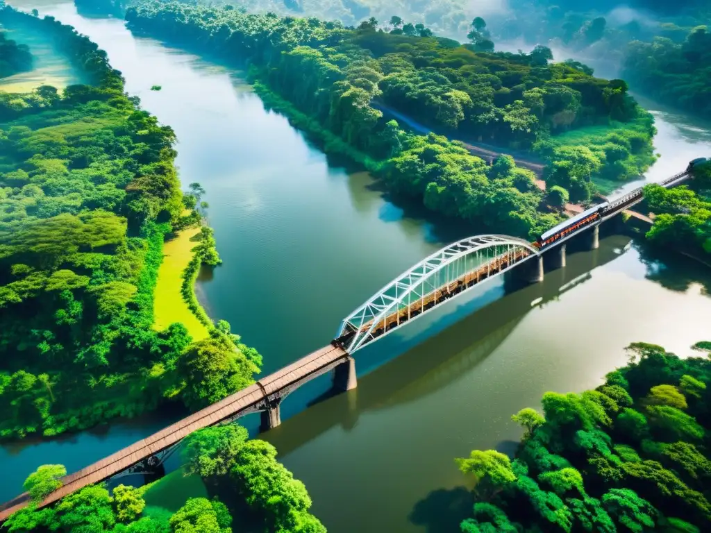 Vista aérea impresionante del icónico Puente sobre el río Kwai, rodeado de exuberante vegetación y aguas cristalinas