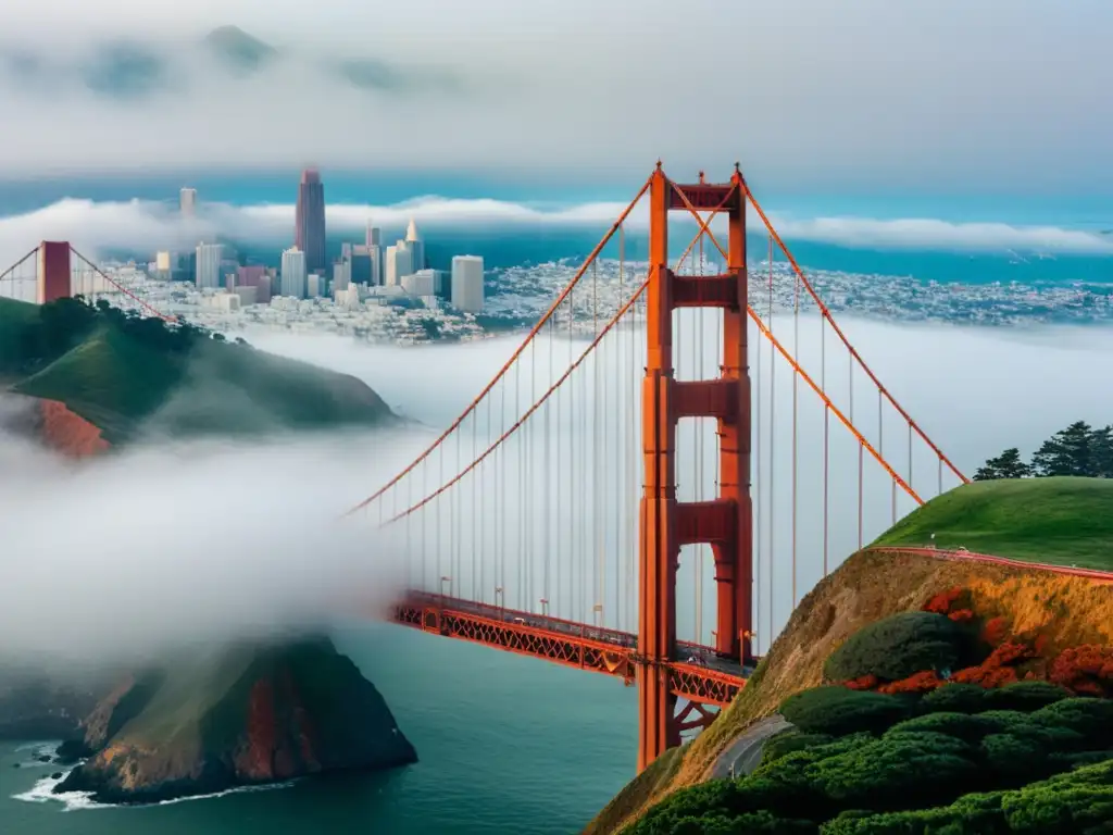 Vista aérea impresionante del icónico Puente Golden Gate envuelto en niebla, destacando los tonos rojo-naranja de sus torres