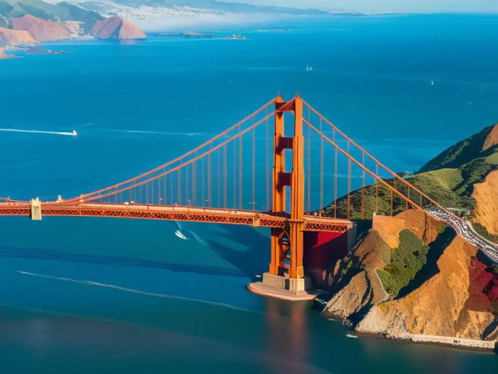 Vista aérea impresionante del icónico puente Golden Gate en San Francisco, con su imponente estructura y contraste de colores