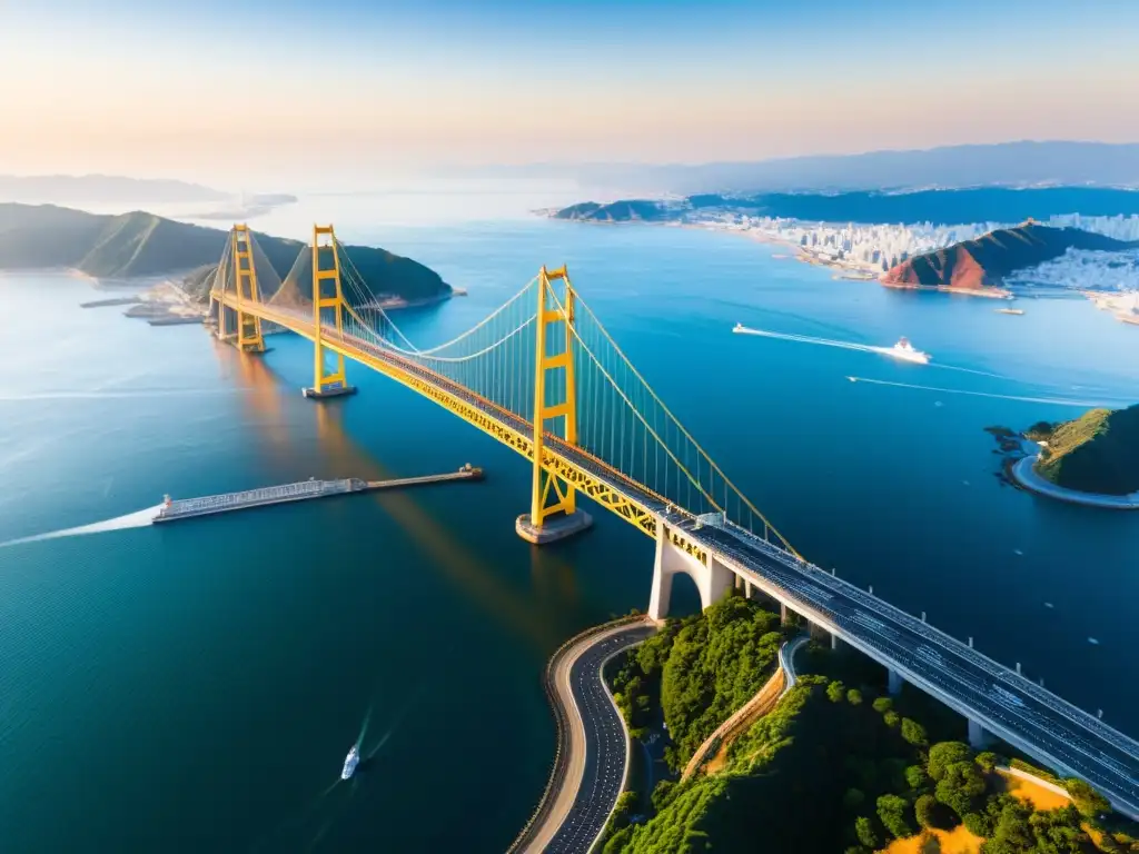 Vista aérea impresionante del icónico puente Akashi Kaikyo en Japón, destacando su elegante arquitectura y su grandeza sobre el estrecho, rodeado de paisaje y océano