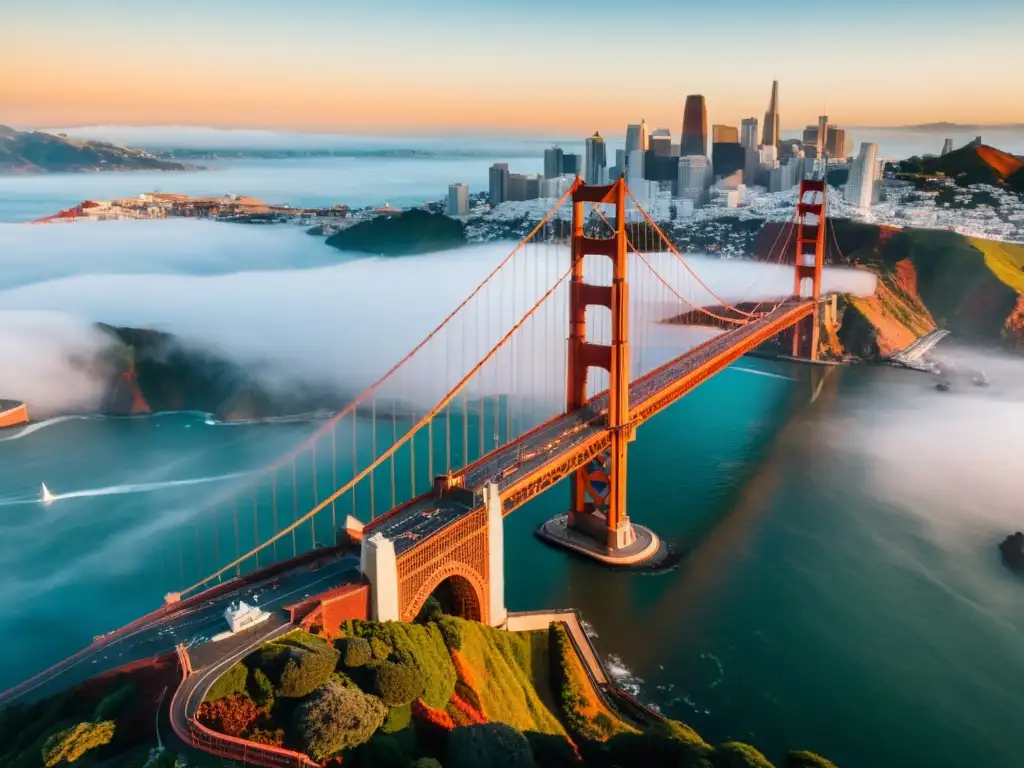 Vista aérea impresionante del icónico Puente Golden Gate en San Francisco, envuelto en una ligera neblina con el horizonte de la ciudad de fondo