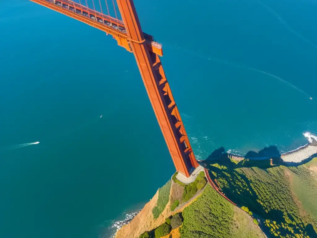 Vista aérea impresionante del Puente Golden Gate en San Francisco, con sus icónicos tramos rojo-naranja sobre las aguas azules de la bahía