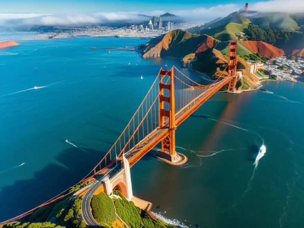 Vista aérea impresionante del Puente Golden Gate en San Francisco, destacando su impacto sociocultural en la región