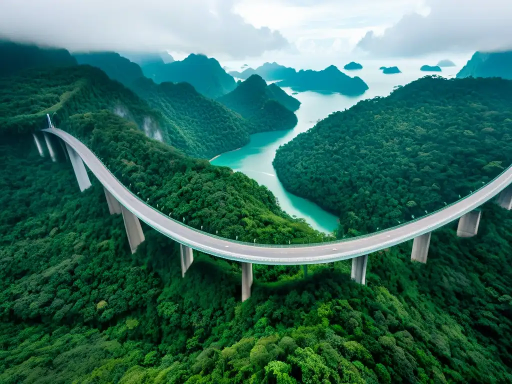 Una vista aérea impresionante del Puente Langkawi Sky, inmerso en la exuberante vegetación de la selva y rodeado de montañas y el mar de Andamán