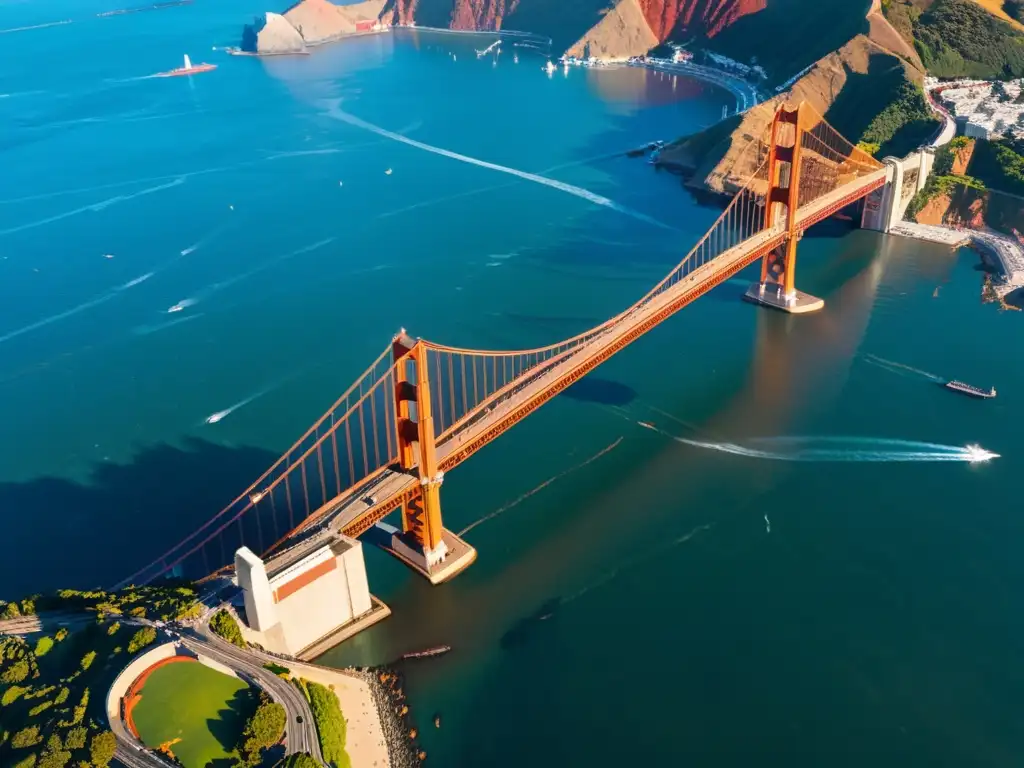 Vista aérea impresionante del Puente Golden Gate en San Francisco, destacando su innovadora construcción y técnicas constructivas icónicas