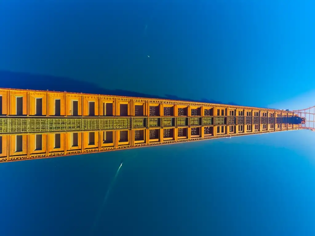 Vista aérea impresionante del intrincado marco de acero del Puente Golden Gate, con la luz solar creando sombras dramáticas