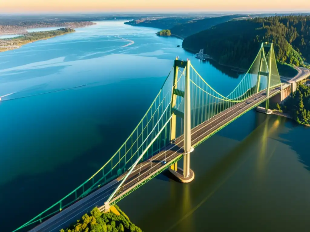 Vista aérea impresionante del legado ingeniería puente Tacoma Narrows, bañado en luz dorada