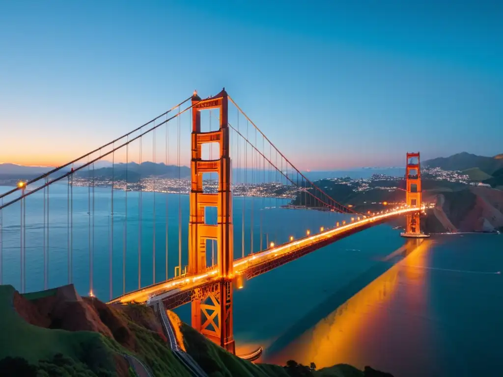 Vista aérea impresionante del Puente Golden Gate al anochecer, con diseño luminotécnico puentes impresionantes integrado en la icónica estructura