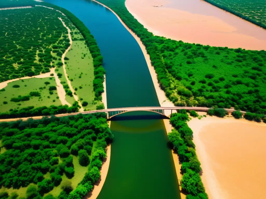 Vista aérea impresionante del río Bani en Burkina Faso con el majestuoso Puente Bani, reflejando la armonía del Desafío de las aguas Puente Bani