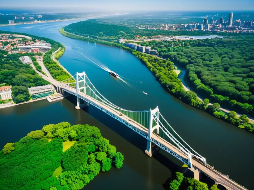 Vista aérea impresionante de un majestuoso puente sobre un río, con detalles arquitectónicos y reflejos de luz en el agua