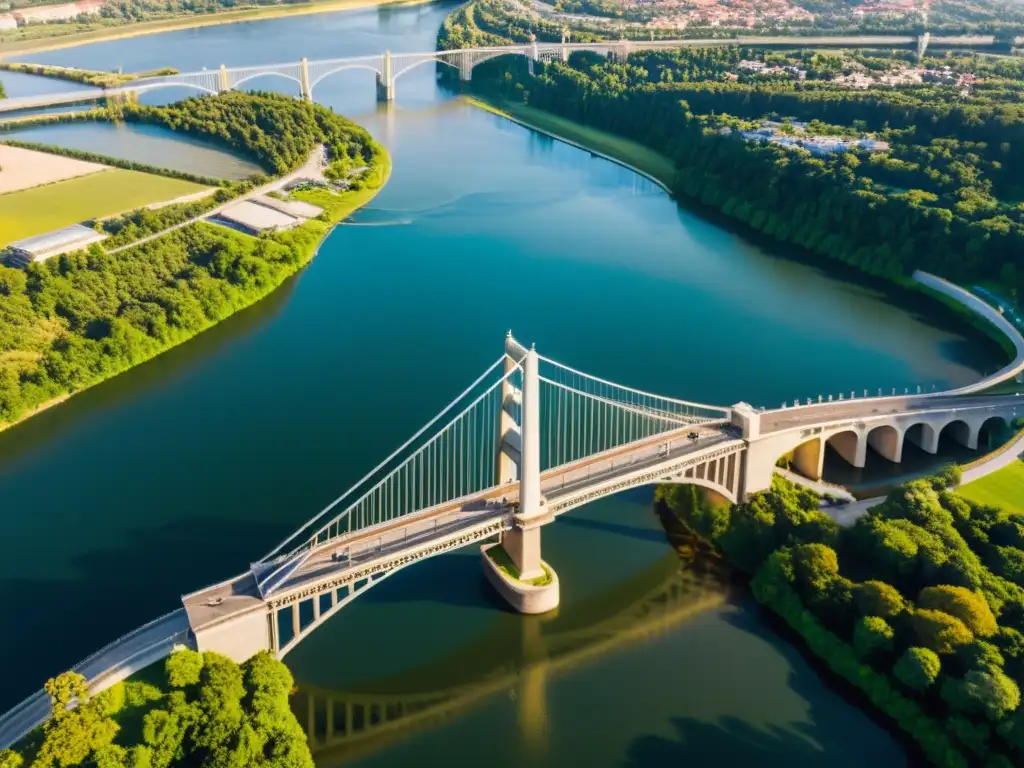 Vista aérea impresionante de un majestuoso puente, resaltando su arquitectura y grandiosidad sobre un amplio río