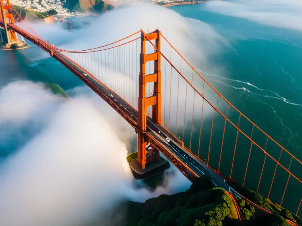 Vista aérea impresionante del Puente Golden Gate en San Francisco en una mañana brumosa