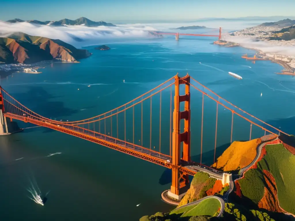 Vista aérea impresionante del Golden Gate Bridge en la neblina sobre la bahía de San Francisco, destacando su arquitectura impresionante