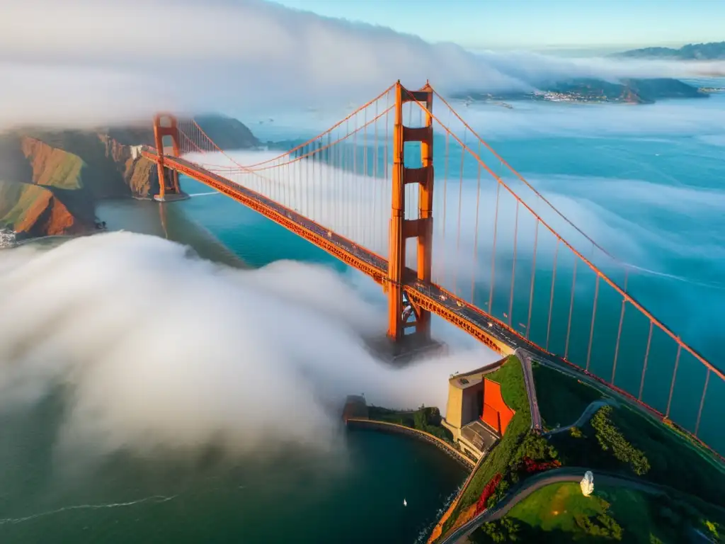 Una vista aérea impresionante del Puente Golden Gate en San Francisco, emergiendo de la niebla matutina