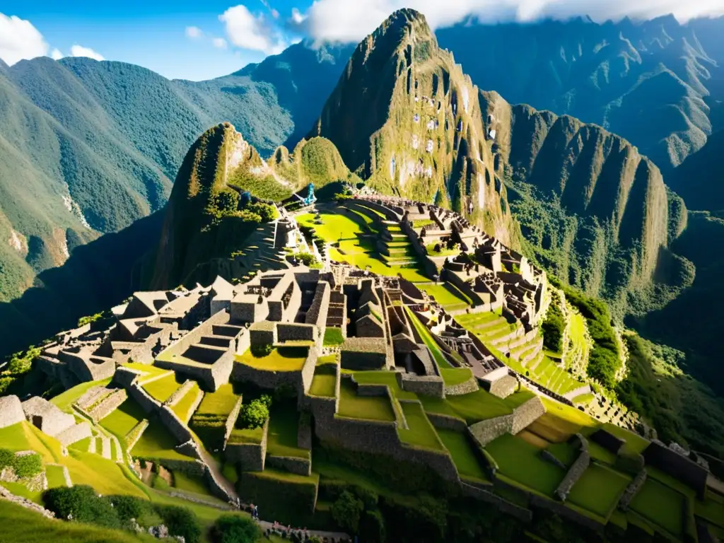 Vista aérea de Machu Picchu, impresionante obra de puentes precolombinos en un paisaje montañoso soleado