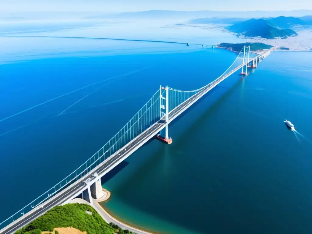 Vista aérea impresionante del Puente Akashi Kaikyo en Japón, destacando su inmensa longitud y diseño elegante sobre las aguas tranquilas del Estrecho de Akashi