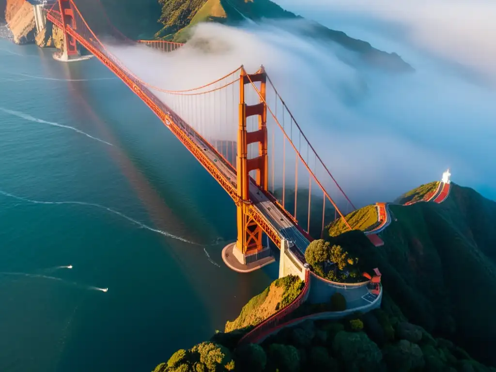 Vista aérea del impresionante puente Golden Gate en San Francisco, con la neblina matutina y una mezcla de luz y sombra en la icónica estructura roja