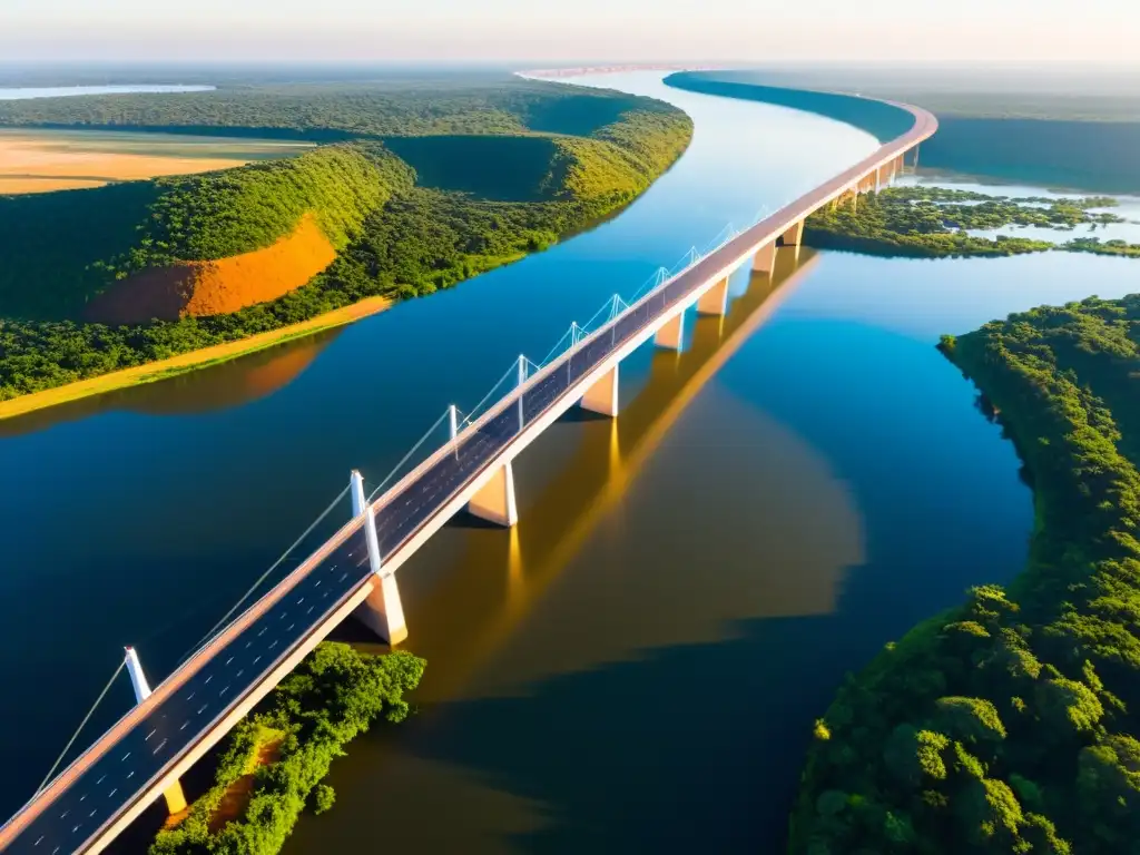 Vista aérea del impresionante puente de la Integración Brasil Paraguay, uniendo países con moderna arquitectura y belleza natural