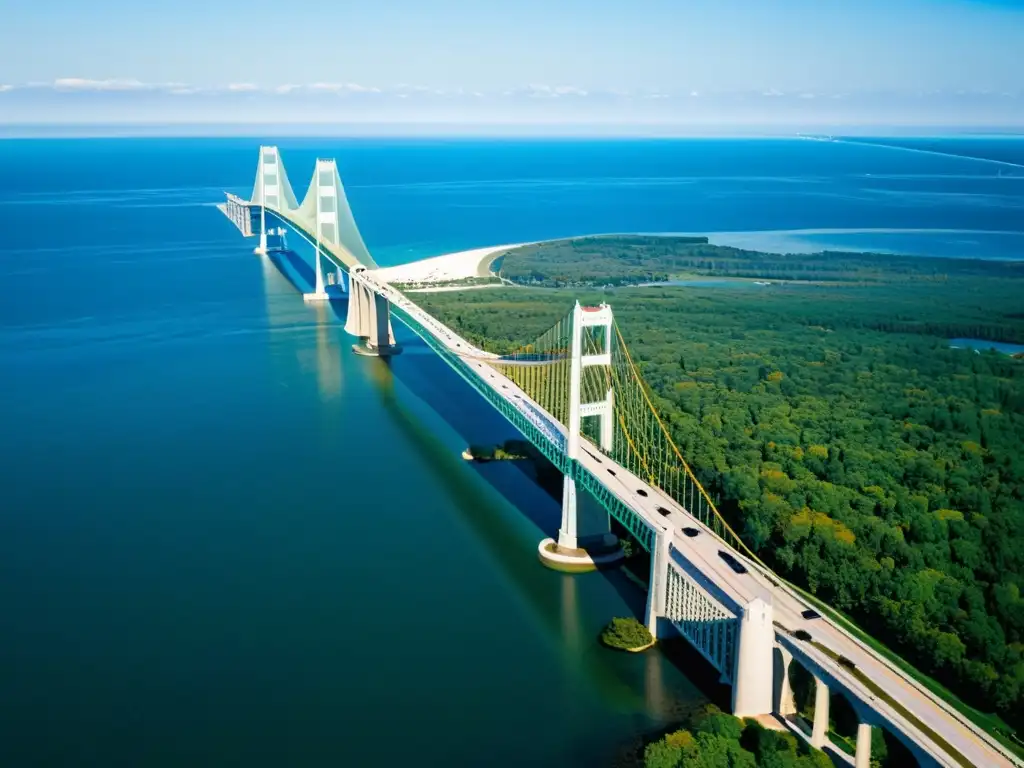 Vista aérea impresionante del Puente de Mackinac, destacando su elegante diseño de suspensión sobre el agua azul del lago Michigan