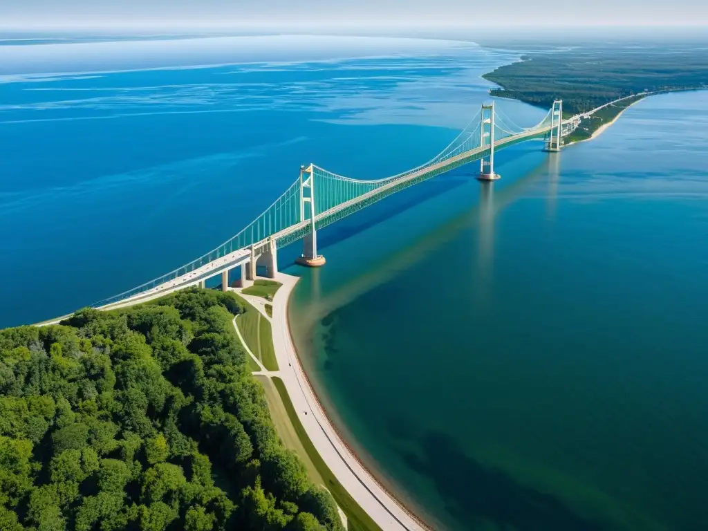 Vista aérea del impresionante Puente de Mackinac, conectando penínsulas con historia y arquitectura notable