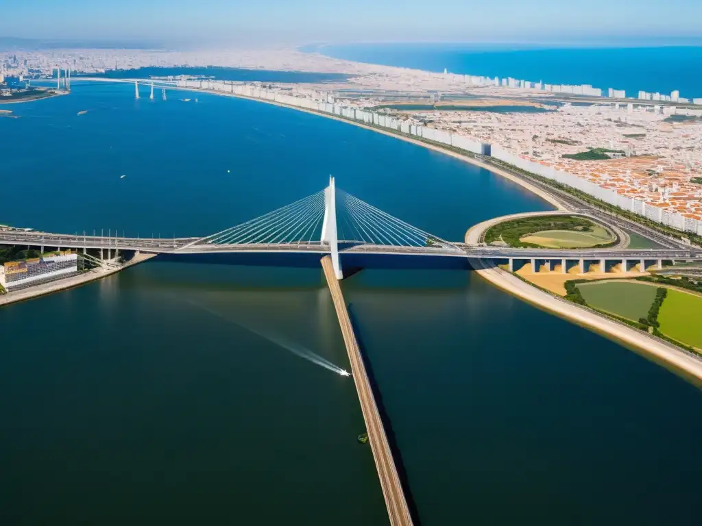 Vista aérea impresionante del Puente Vasco da Gama, destacando su diseño moderno sobre el agua, reflejando la luz del sol