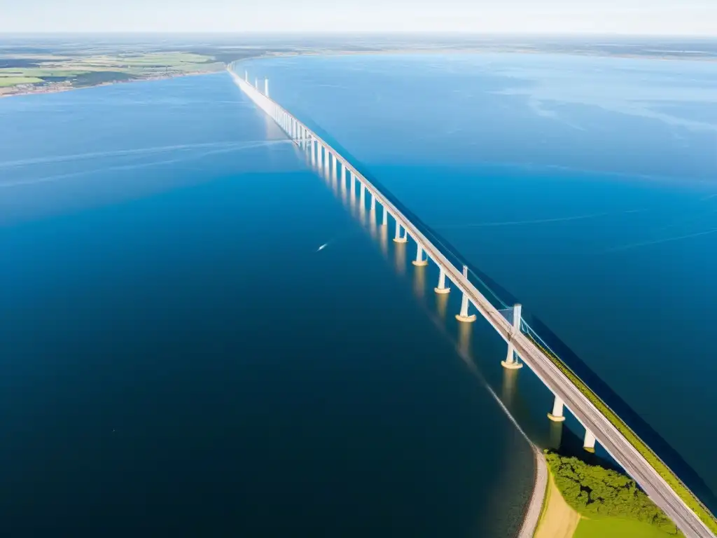 Vista aérea del impresionante Puente de Öresund, un hito de la arquitectura moderna que une Suecia y Dinamarca sobre aguas azules